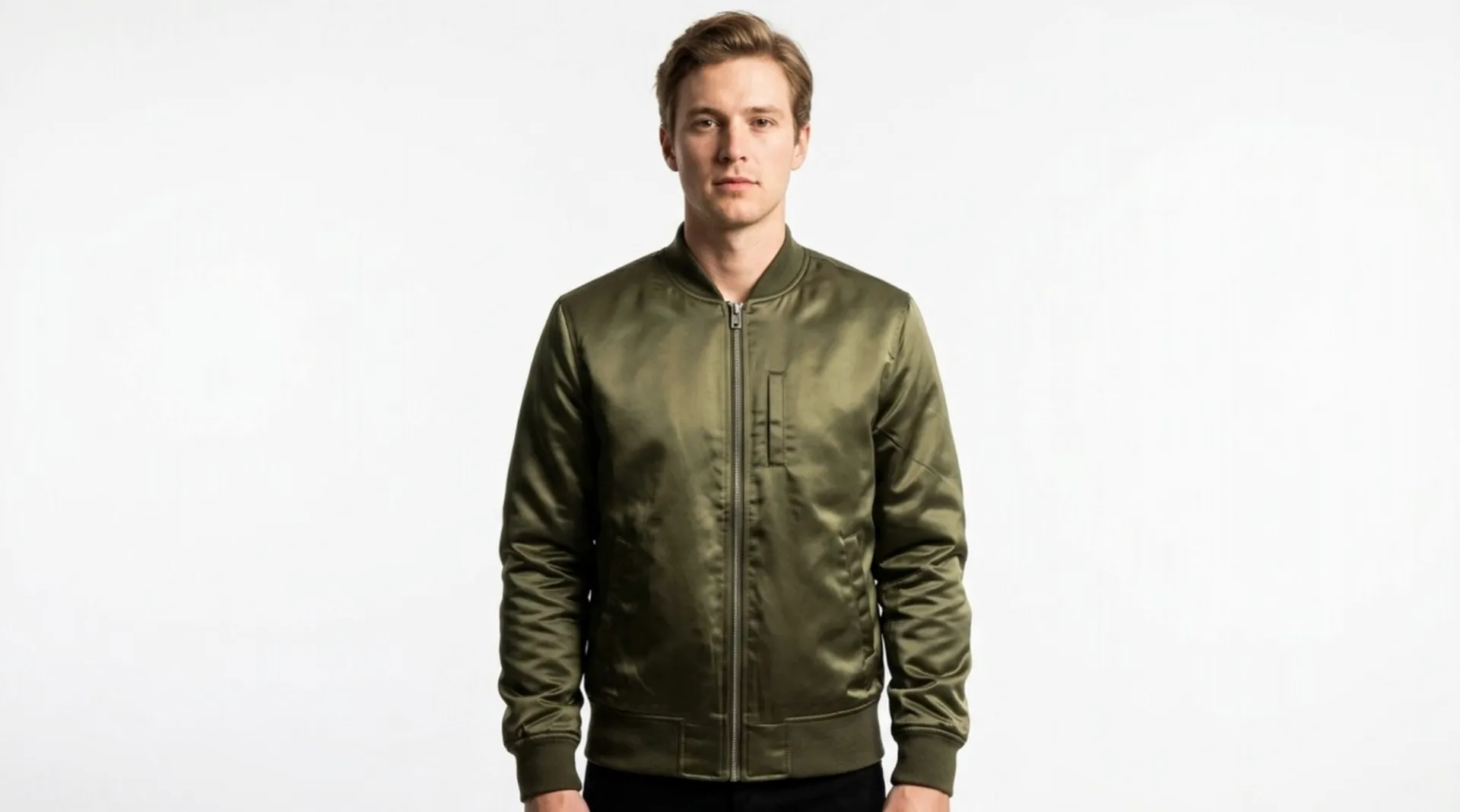 Raw product photo of a bomber jacket worn on a model, about to be edited