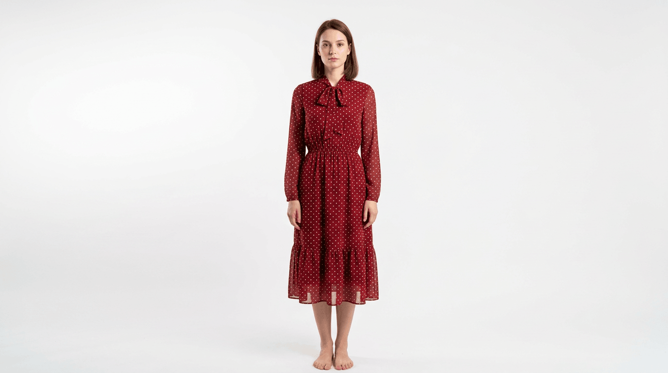 Ghost mannequin · Red polka-dot dress — before