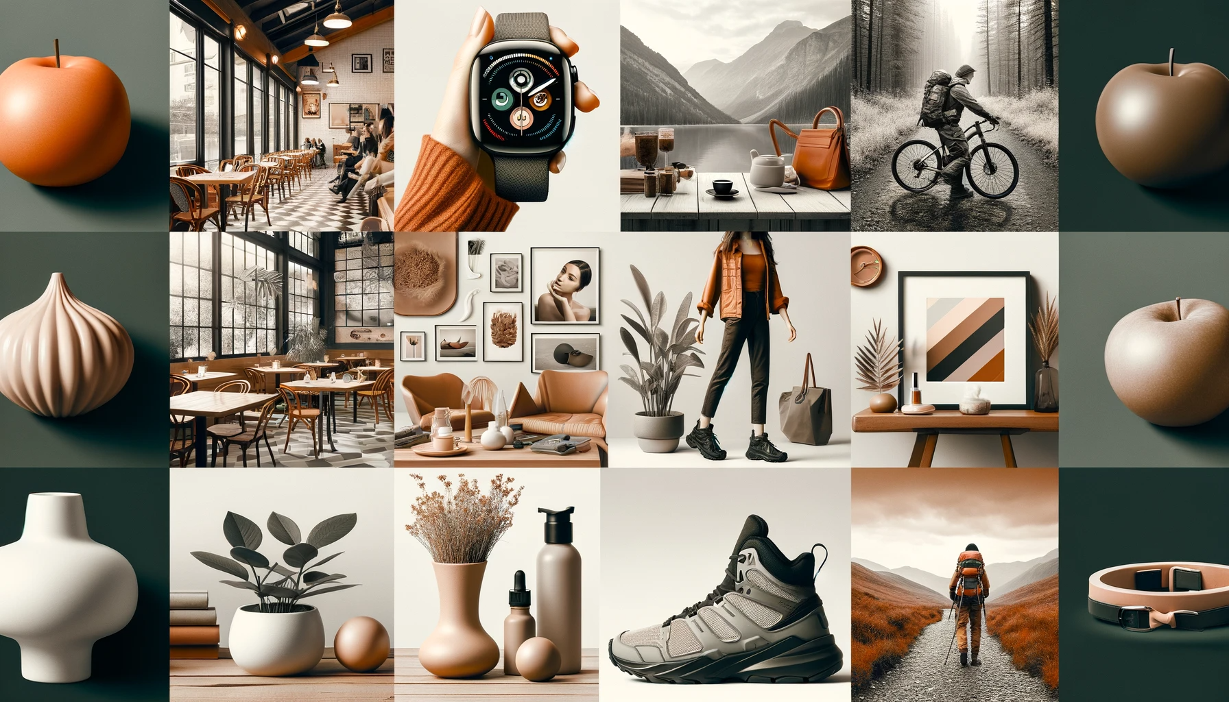 A collage of various e-commerce products represented in different photography styles_ lifestyle, minimalism, interactive, environmental, and monochrom collage of various e-commerce products different photography styles
