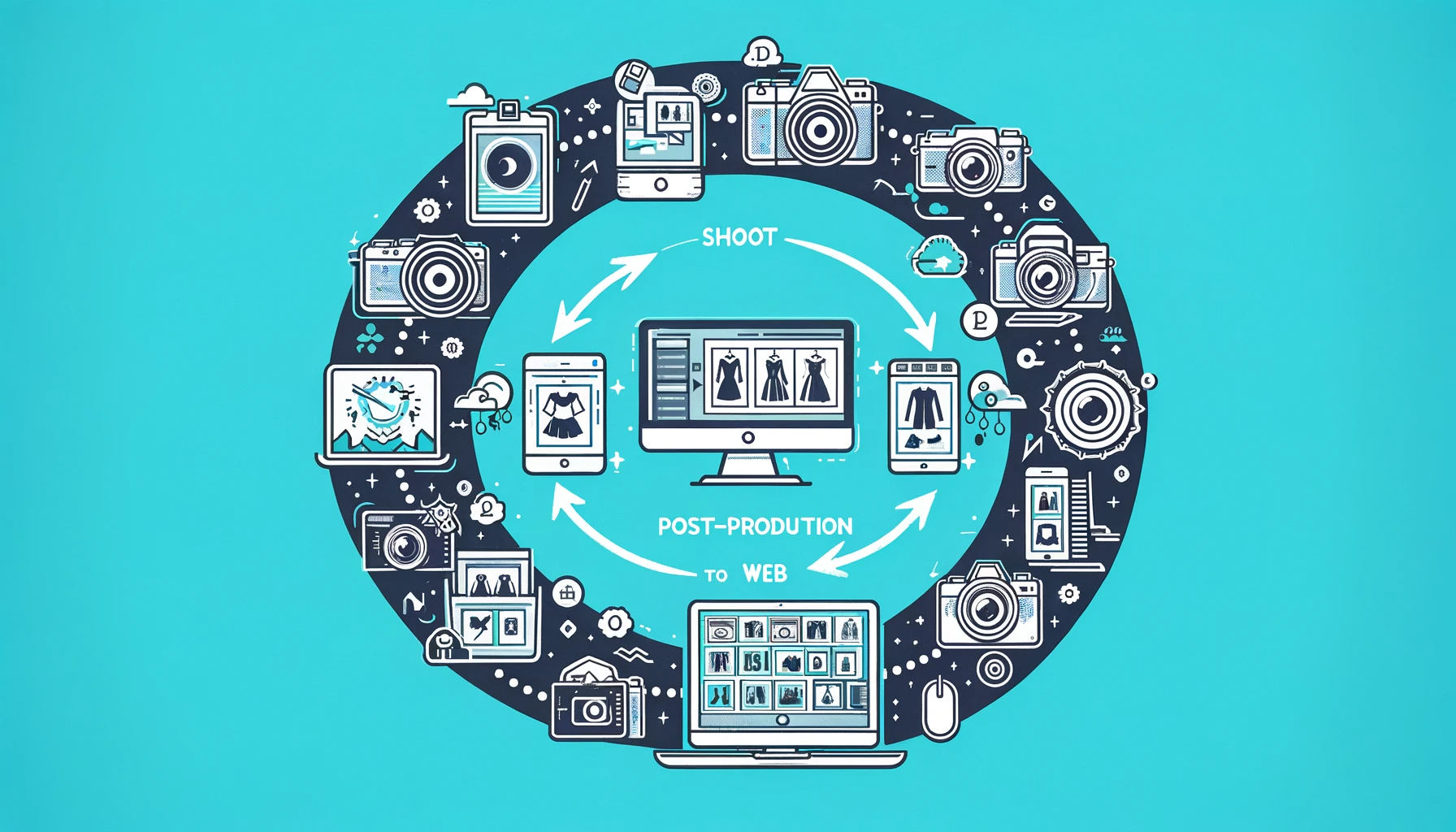 A graphic representation of a photo editing workflow diagram from shoot to post-production to web. The diagram should include icons or images depictin photo editing workflow diagram shoot to post production