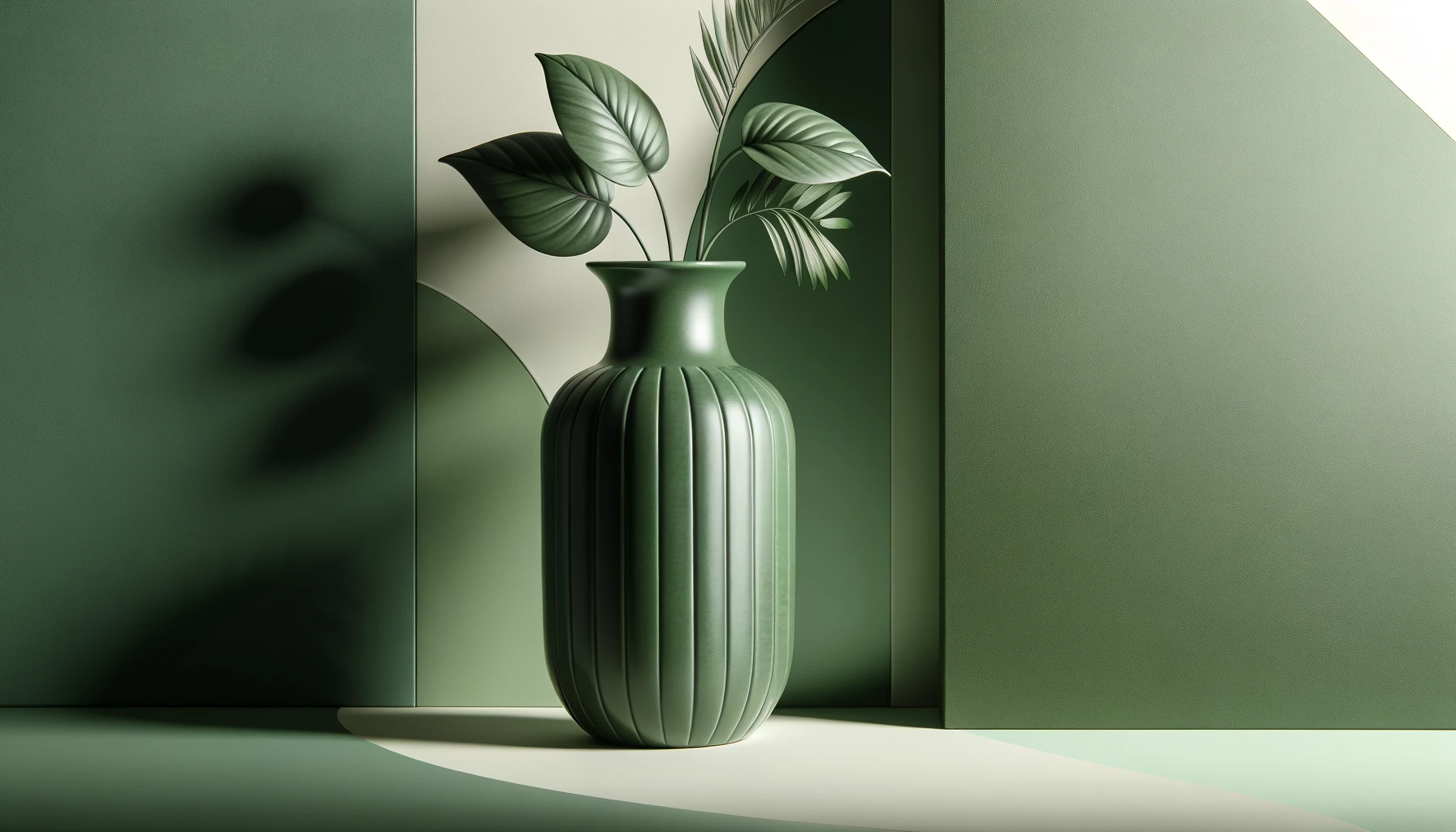 A monochromatic photography image for e-commerce fashion, featuring a stylish home décor item, a vase, in varying shades of green. The vase and the ba monochromatic photography image stylish home décor item, a vase, in varying shades of green