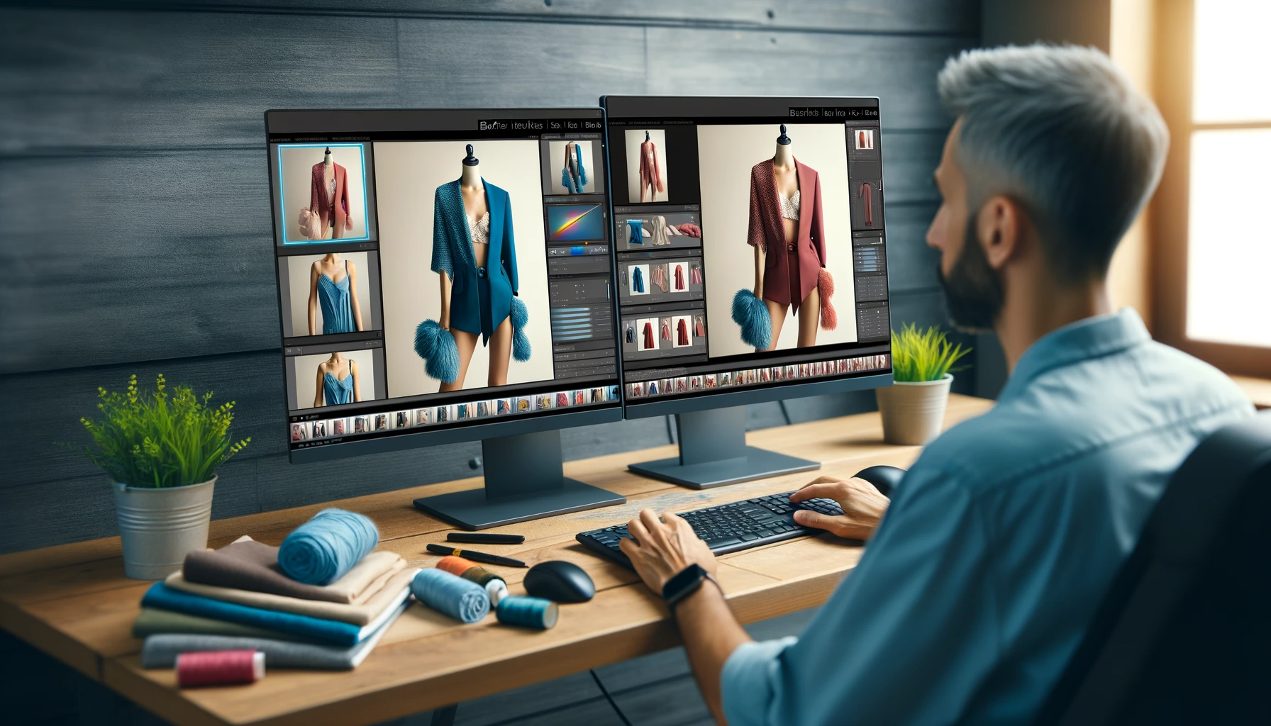 A professional working on photo editing software with dual monitors displaying before-and-after images of fashion products. The 'before' side shows a pro working ion photo editing with dual monitors
