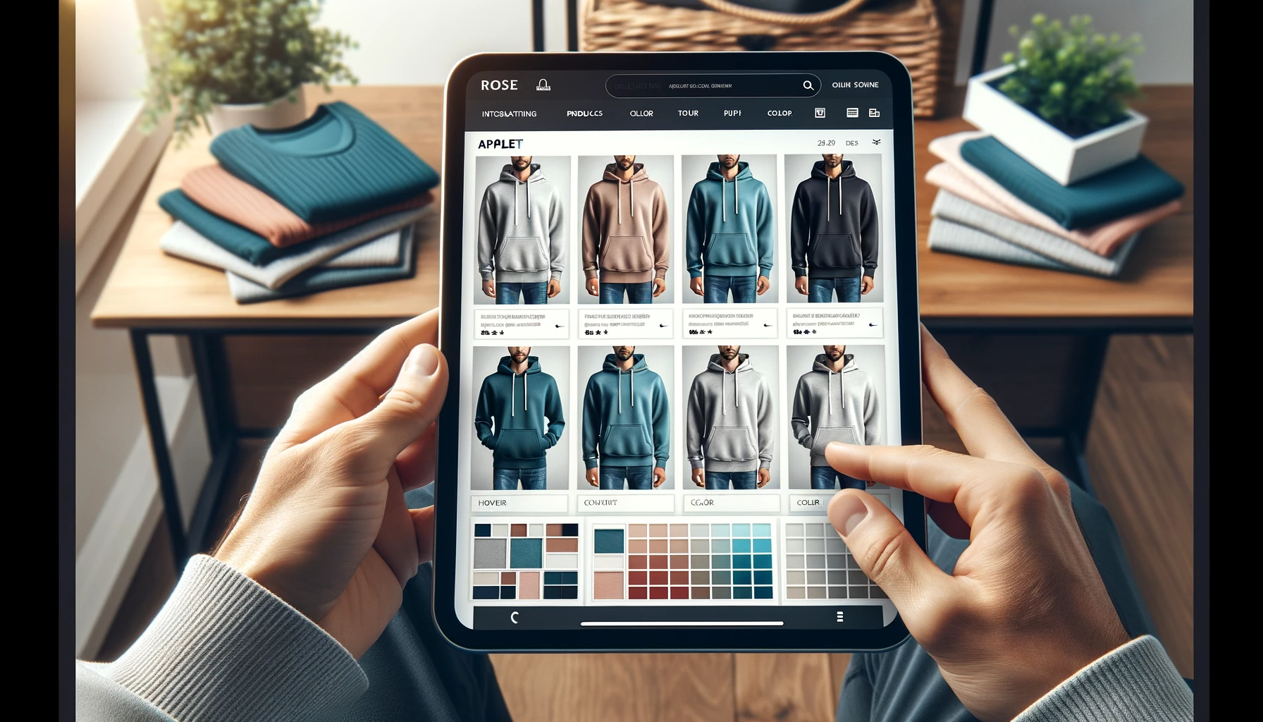 A visually engaging eCommerce product page displayed on a tablet or computer screen. The page should show a selection of apparel products in perfect a eCommerce product page tablet selection of apparel