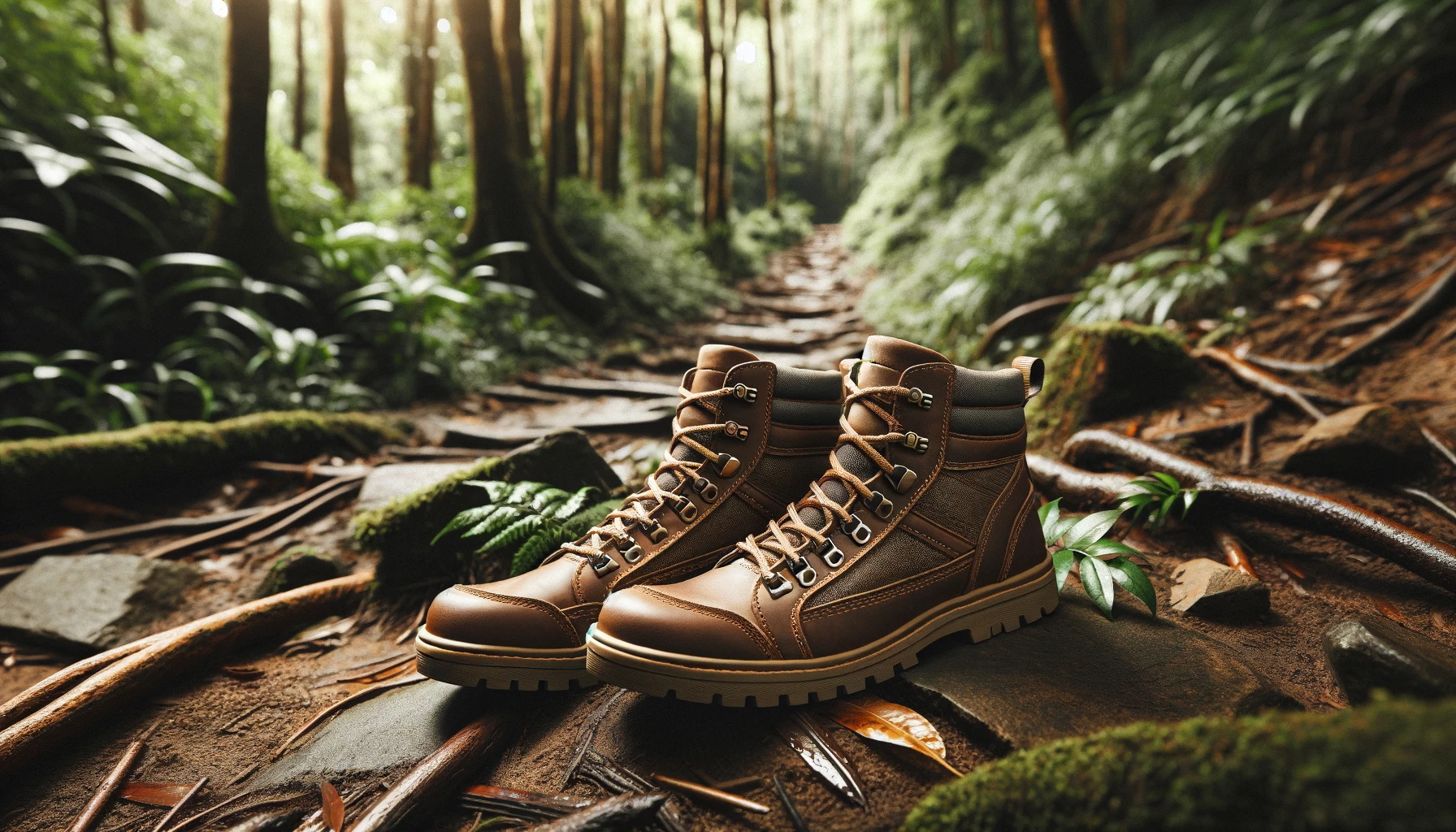 environmental image e-commerce fashion, depicting a pair hiking boots in a natural forest 