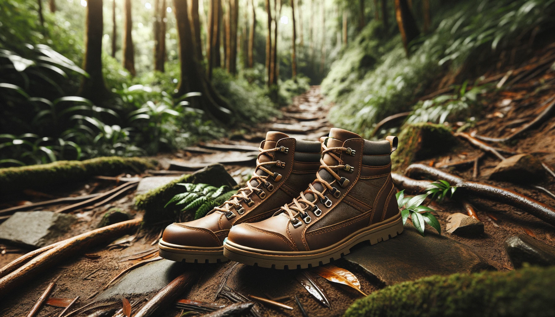An environmental photography image for e-commerce fashion, depicting a pair of trendy hiking boots in a natural forest setting. The boots are placed o environmental image e-commerce fashion, depicting a pair hiking boots in a natural forest