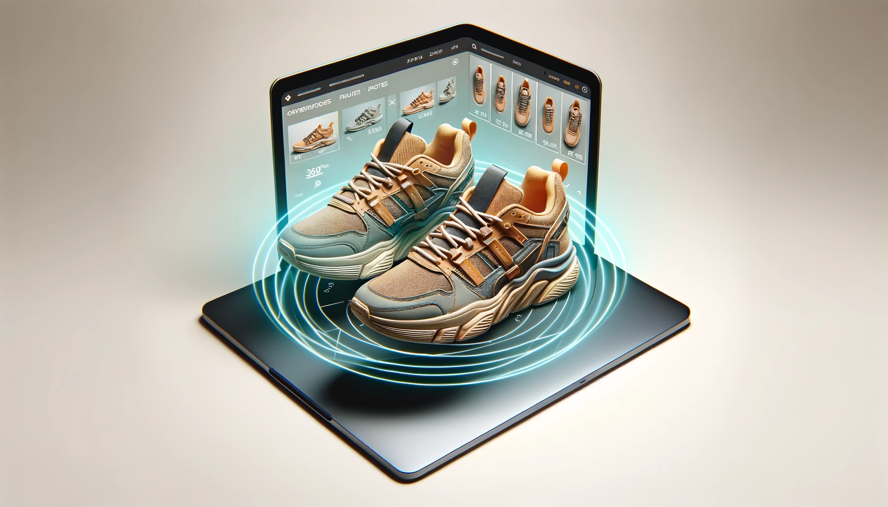 An interactive e-commerce fashion photography image, showing a pair of stylish sports shoes with the ability to be viewed from multiple angles. The sh e-commerce fashion photography image, showing a pair of stylish sports shoes