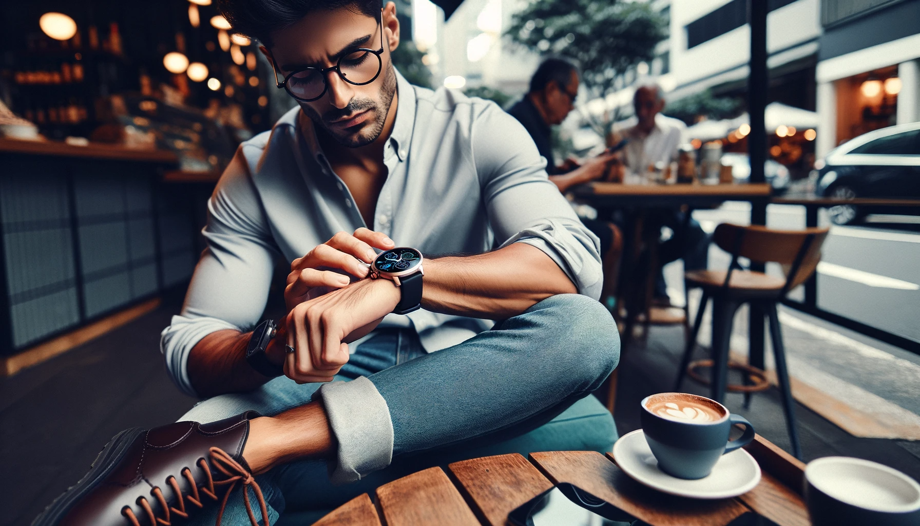 Image of a stylishly dressed person, of Hispanic descent and male, using a trendy smartwatch while casually sitting at a café. The scene is lively and using a trendy smartwatch while casually sitting at a café