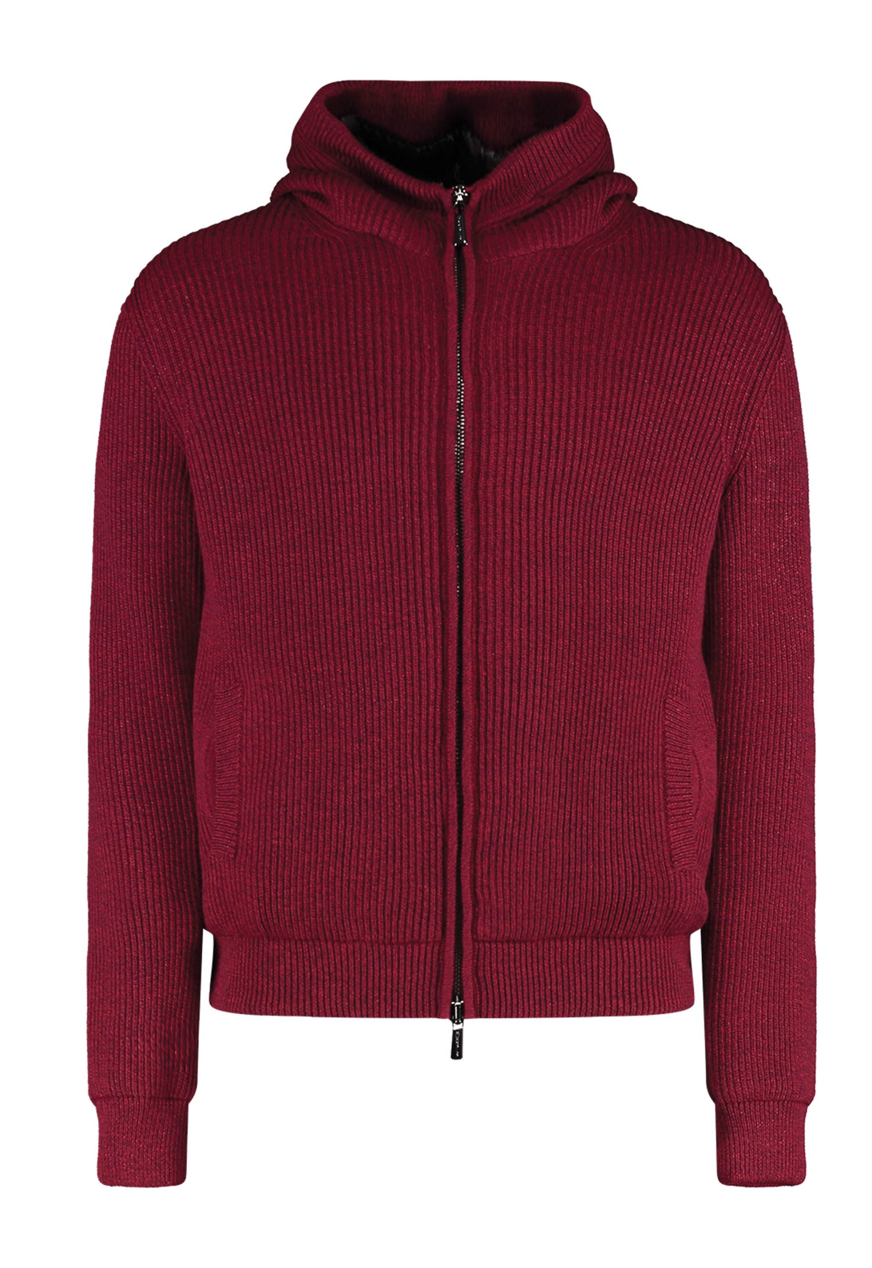After red cardigan