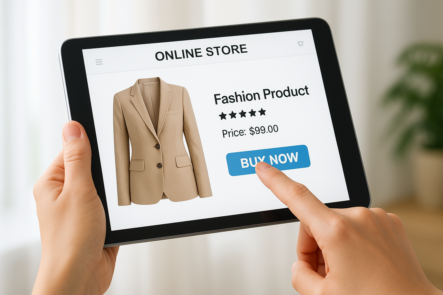clicking Buy Now on a clean professional-looking fashion product page clicking Buy Now on a clean professional-looking fashion product page