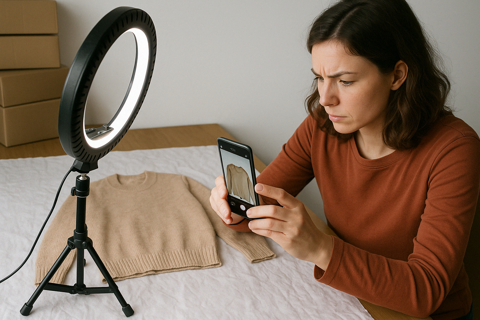 a woman taking a picture of clothing with phone