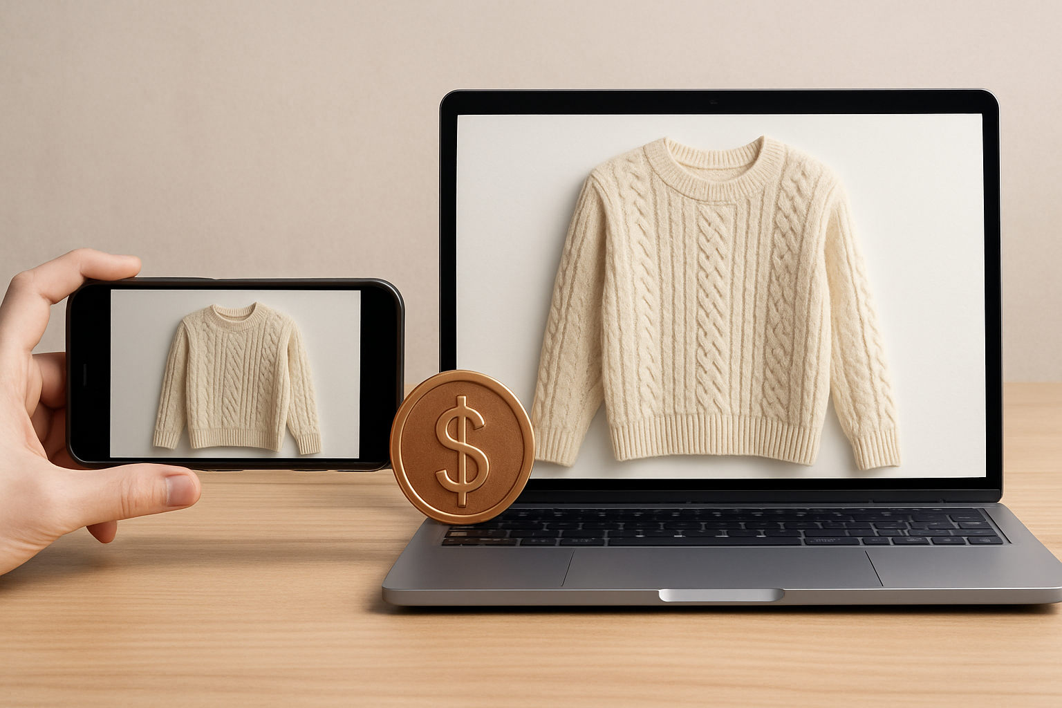white jumper photographed with phone and showing on a laptop with a dollar coin visible