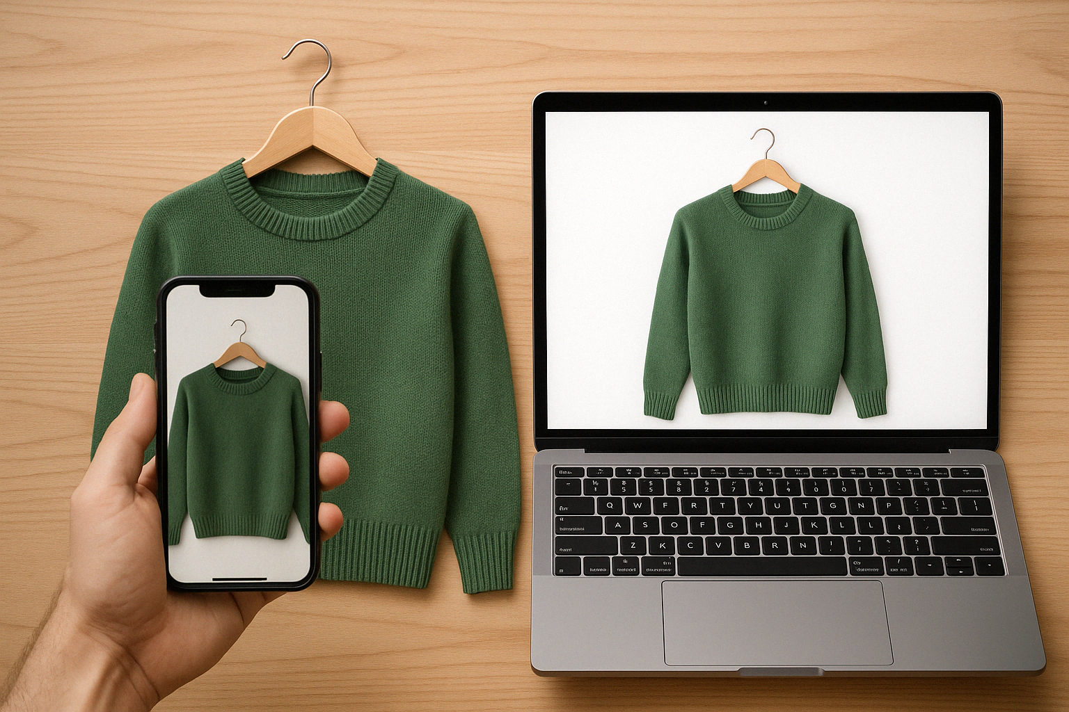 green sweater with a wooden hanger on a desk and a laptop and mobile screen