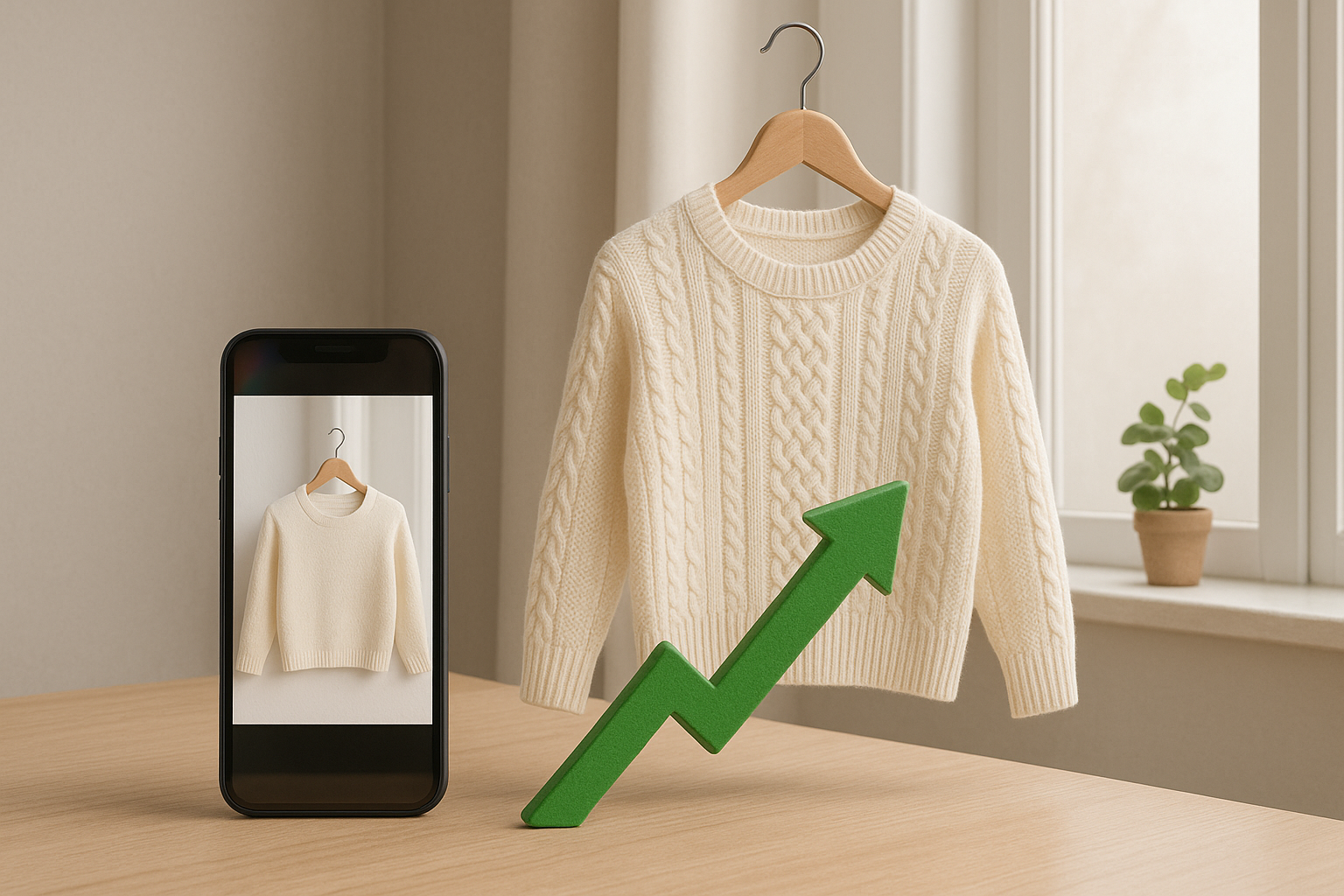 white wool sweater on hanger shot with a mobile phone with an upwards arrow